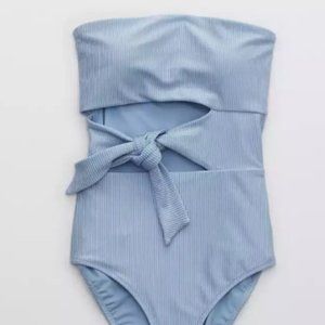 NWT Aerie Ribbed Shine Wrap Strapless One Piece Swimsuit, Medium, Monaco Blue